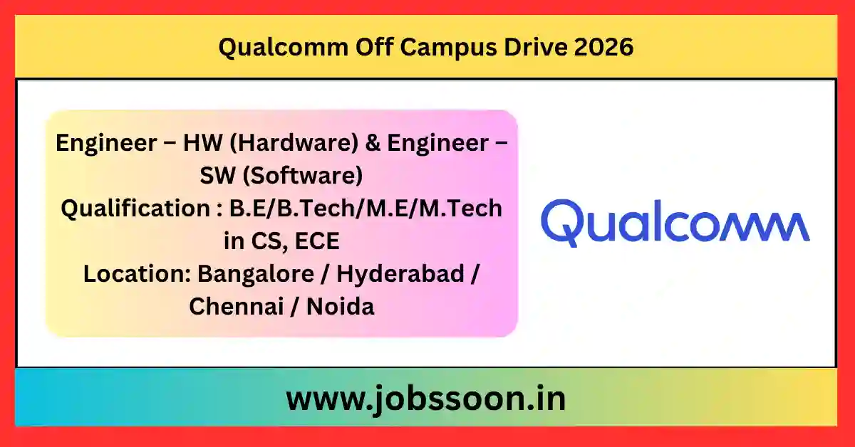 Qualcomm Off Campus Drive 2026 Engineer HW and SW Recruitment for Freshers in Bangalore Hyderabad Chennai Noida