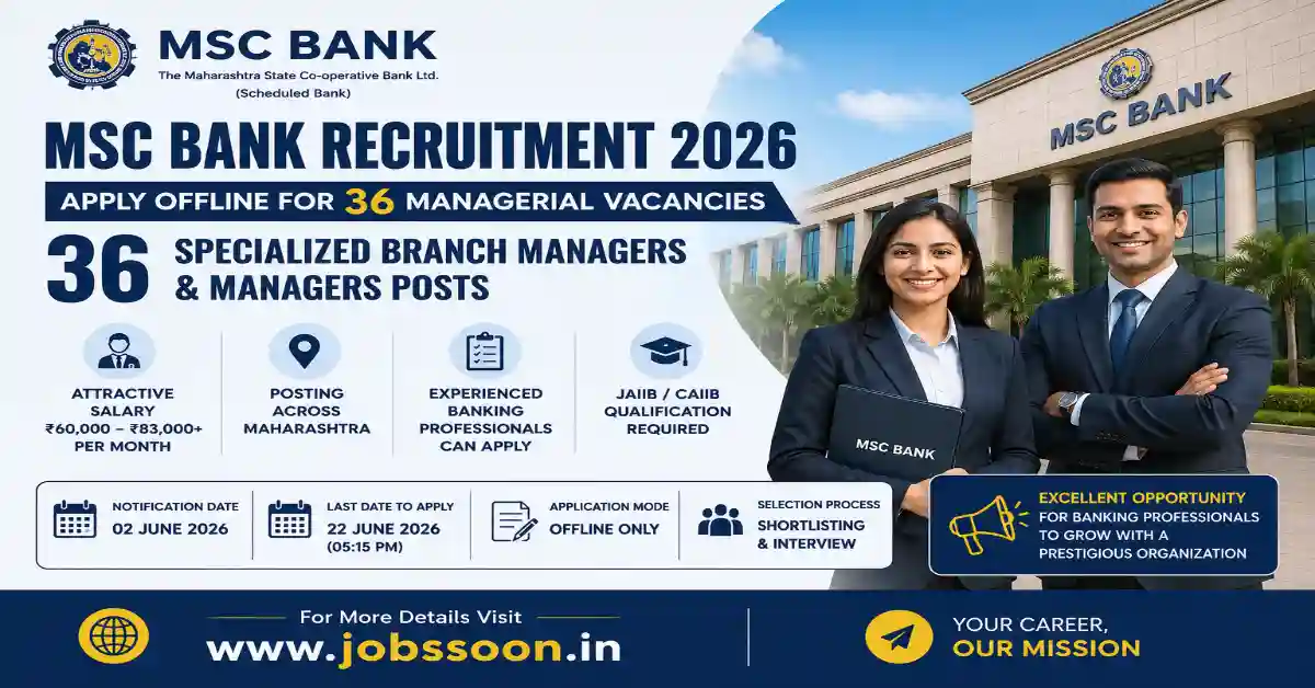 MSC Bank Recruitment 2026 banner featuring 36 Specialized Branch Manager and Manager vacancies in Maharashtra, with salary details, eligibility requirements, application dates, and website www.jobssoon.in displayed prominently alongside banking professionals and an MSC Bank office building.
