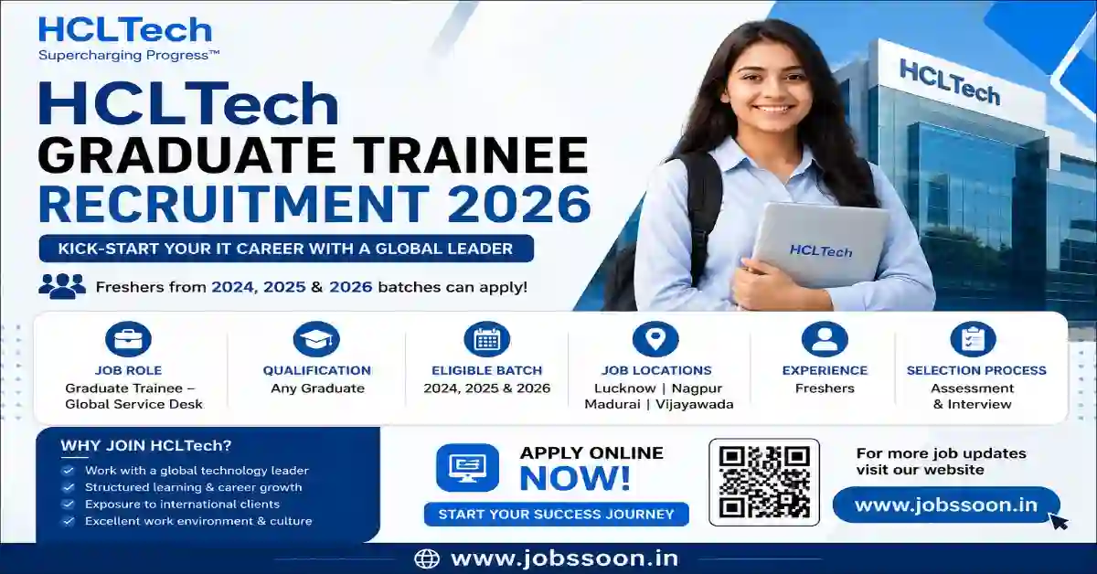 HCLTech Graduate Trainee Recruitment 2026 for freshers hiring Global Service Desk jobs in India.